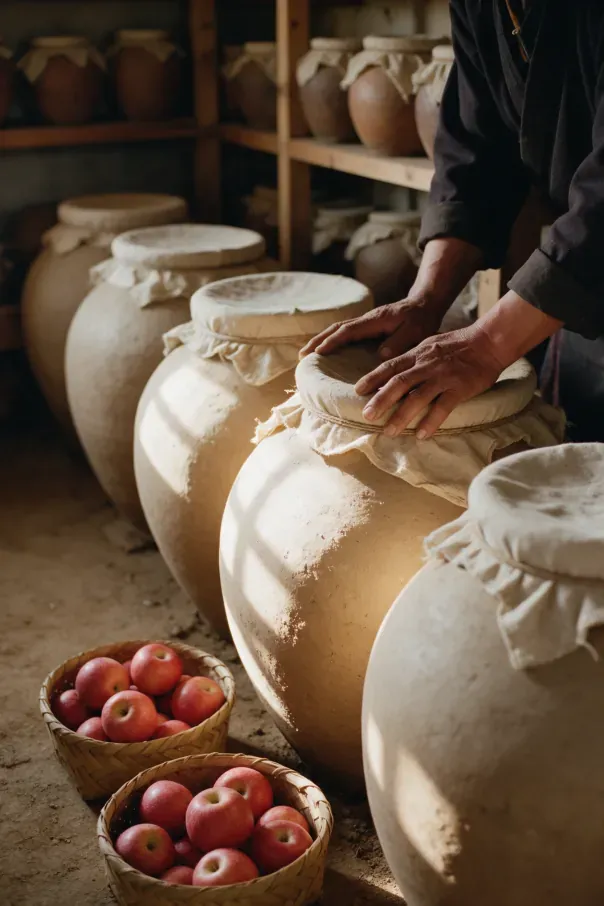 Clay ghyampo fermentation vessels in a stone cellar, with baskets of red apples