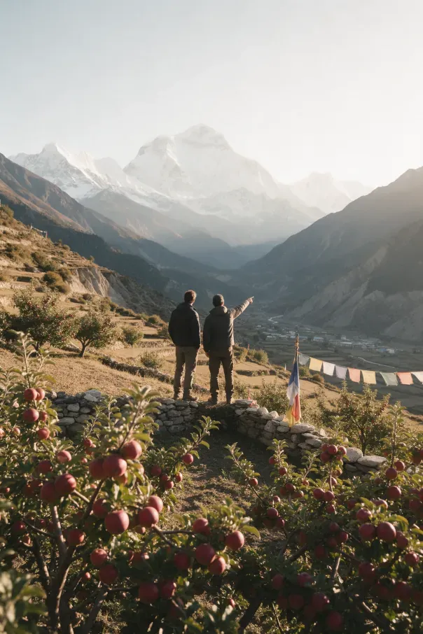 Two men at the edge of a terraced apple orchard looking toward the Annapurna peaks