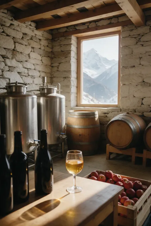 Steel tanks and oak barrels in the winery, with a glass of apple wine and a window onto snowy mountains