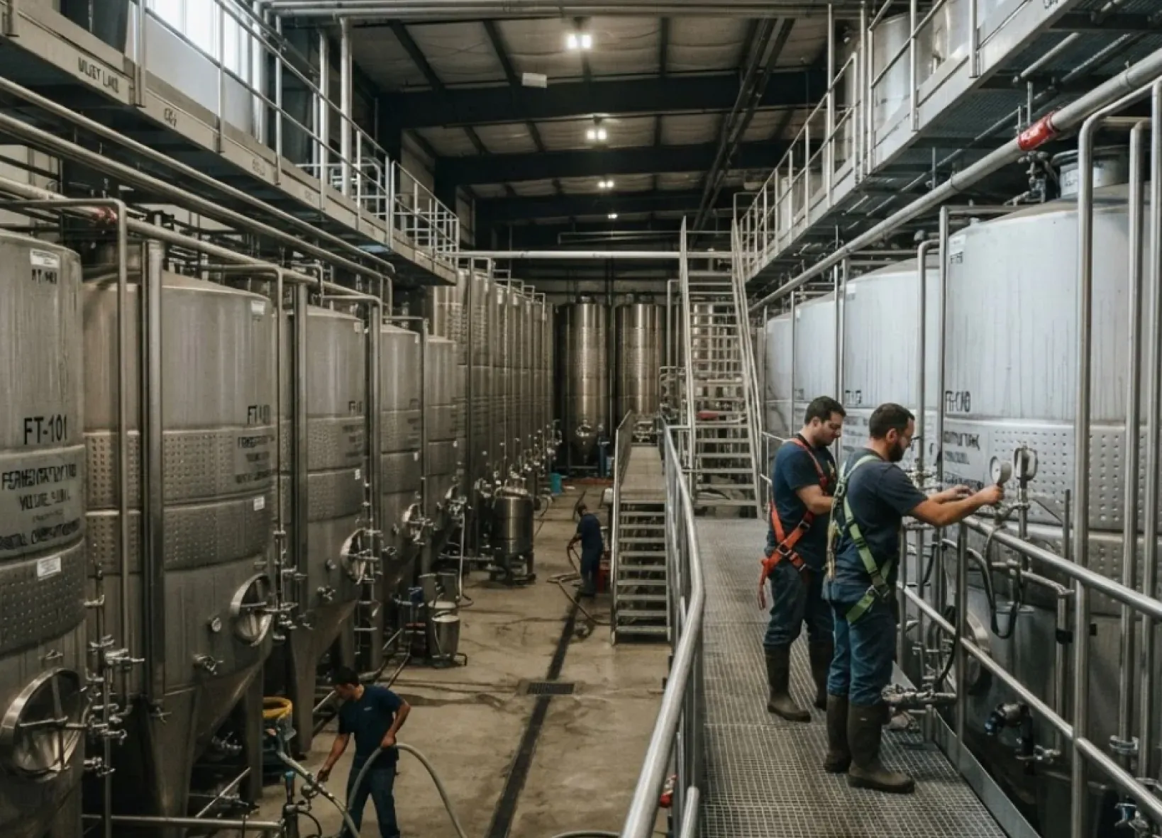 Technicians checking rows of temperature-controlled fermentation tanks