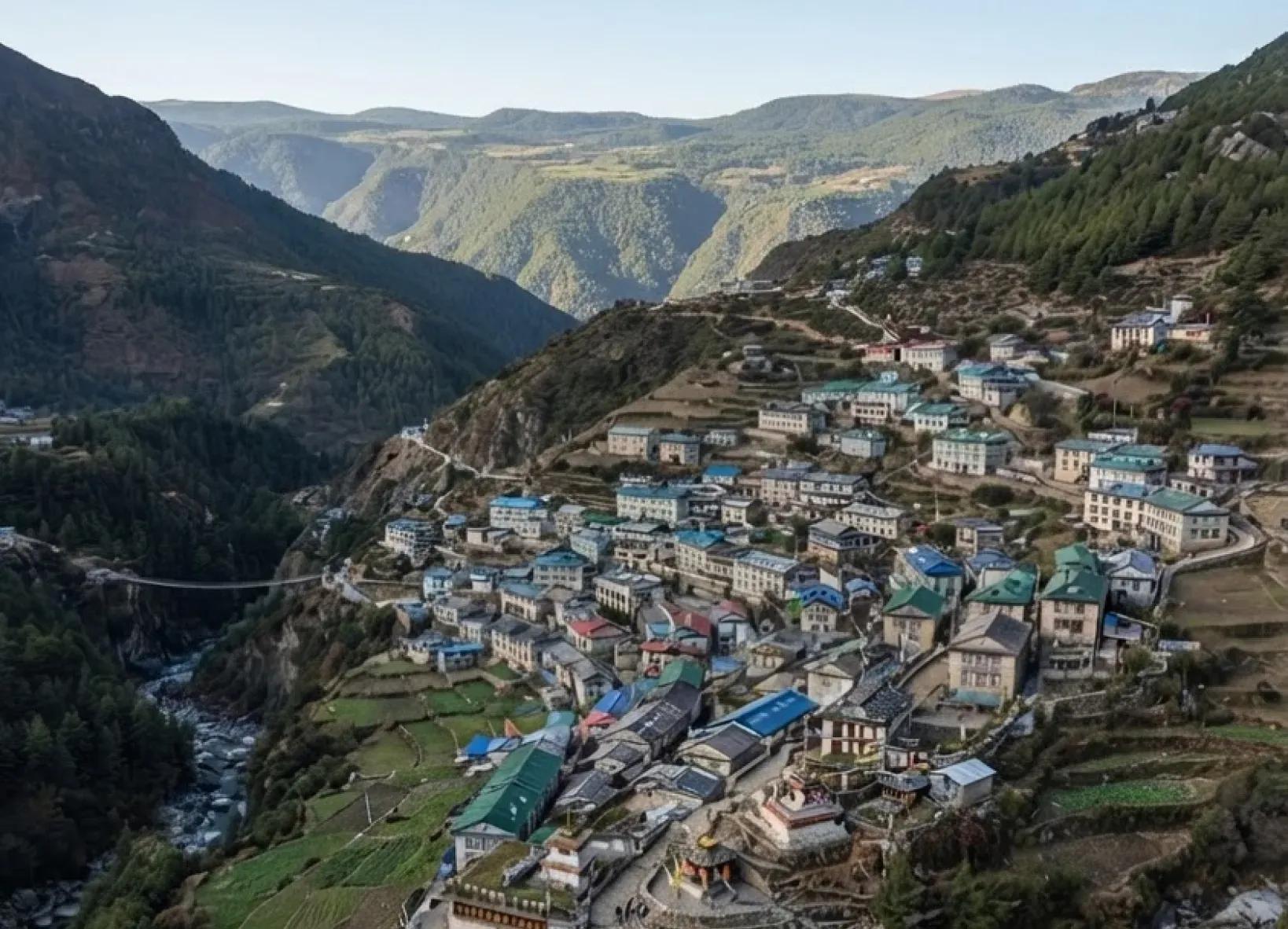Terraced village houses on a mountainside in the Manang valley