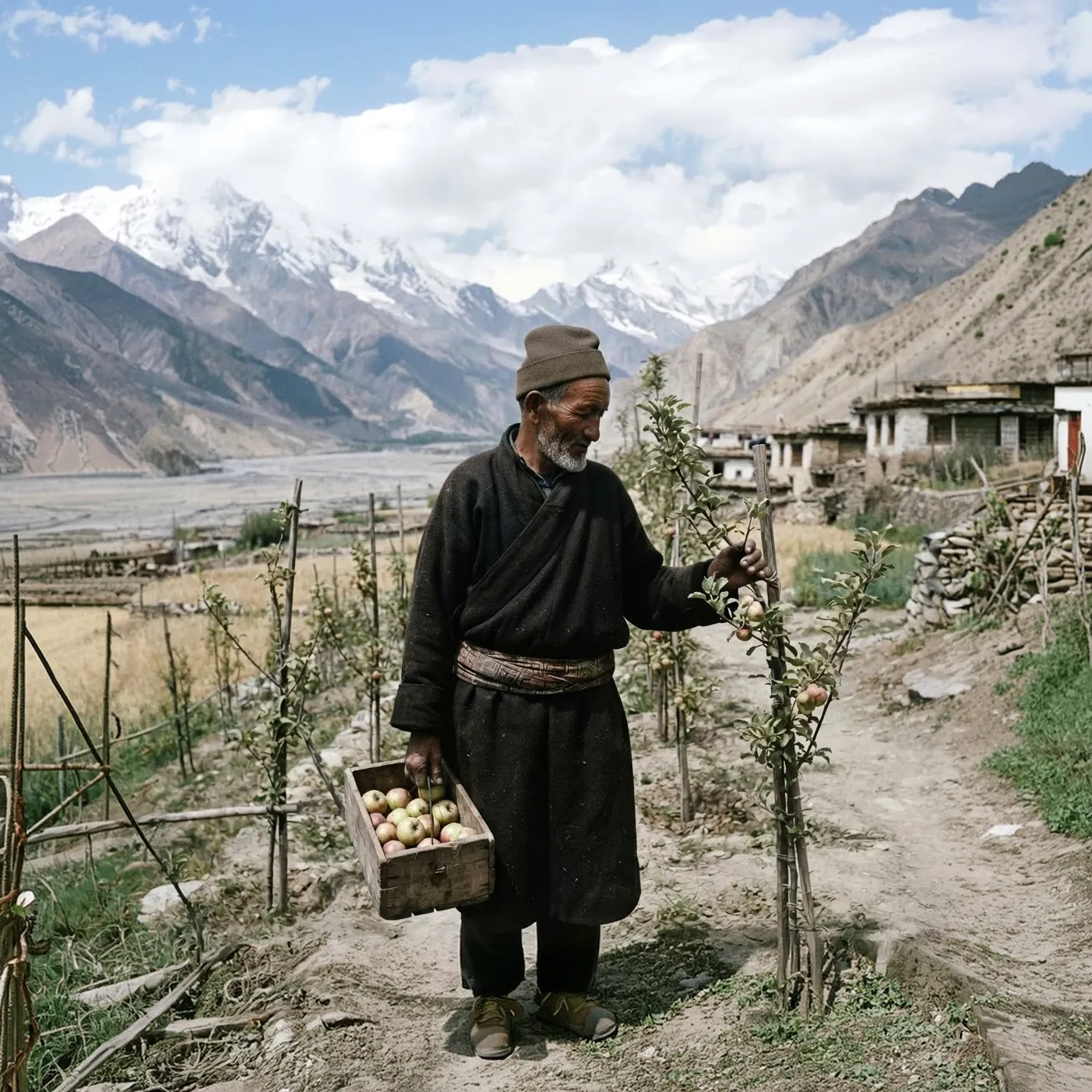 A farmer carrying a crate of apples through an orchard in the Manang valley