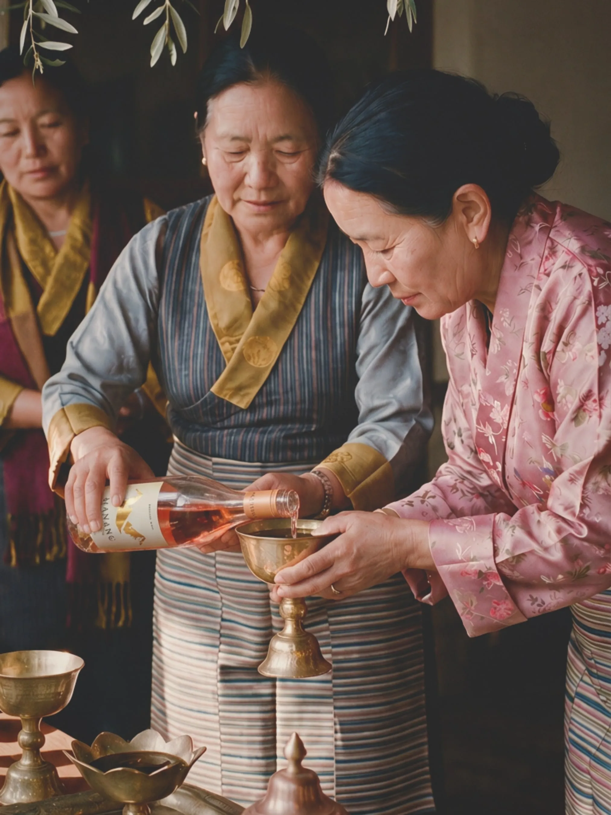 Women in traditional dress pouring wine into a ritual cup