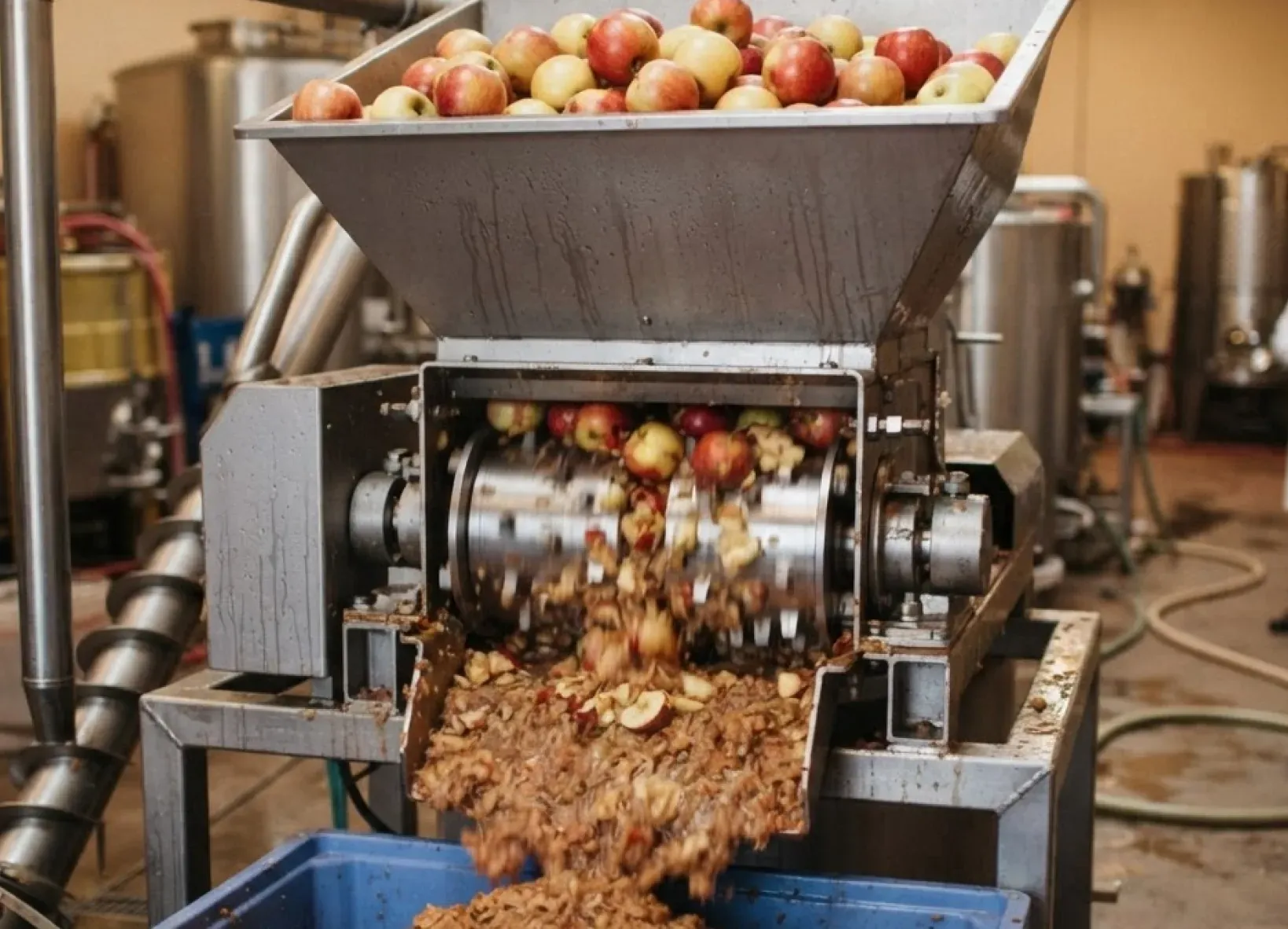 Apples being fed into a stainless-steel crusher at the winery