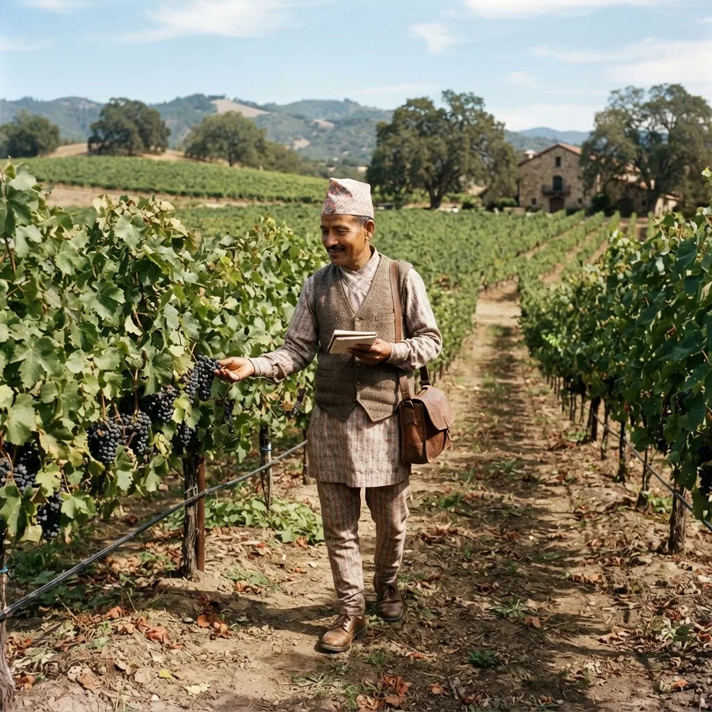 A grower walking between the rows of a high-density apple orchard